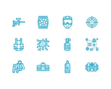 Paintball game vector flat line icons. Outdoor sport equipment, paint ball Stock Illustration