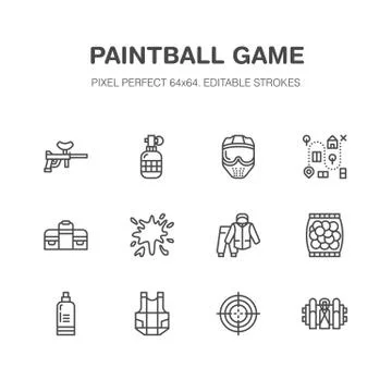 Paintball game vector flat line icons. Outdoor sport equipment, paint ball Stock Illustration
