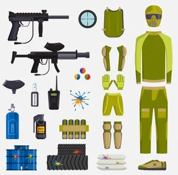 Paintball game vector guns and player body paintball club symbols icons Stock Illustration