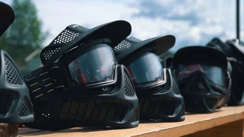 Paintball masks are on the table Video stock 116246681