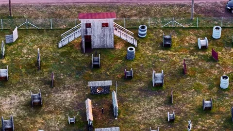 Paintball or laser tag gaming arena with bunkers and obstacles for adventure Stock Footage 334092472