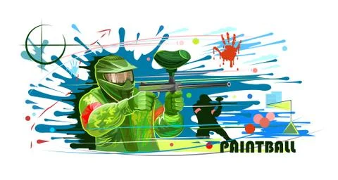 Paintball player in mask vector. Team battle. Ball paint. Weapons in battle. Stock Illustration