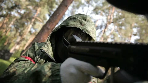 Paintball player struck shot in the head. Stock Footage 62110684