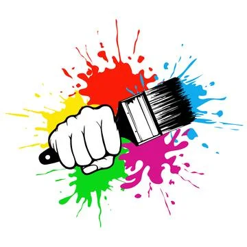 Paintbrush in hand and blots drops splashes of colored paint 库存插图