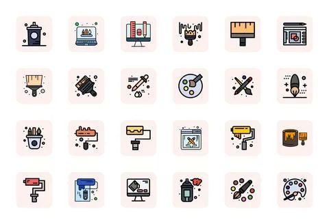 Paintbrush Retina Ready Vector Icon Pack with 24 LineFilled Detail Enhanced.. Stock Illustration
