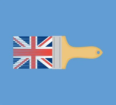 Paintbrush with the Union Jack flag on a solid blue background, emphasizing.. Stock Illustration