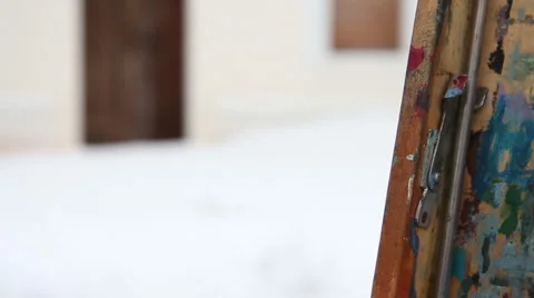Paintbrushes at the easel. Panoramic shot Stock Footage 61569831