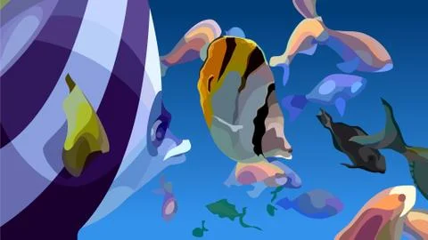 Painted abstraction of floating multicolored tropical fishes Stock Illustration