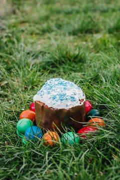 Painted and decorative Easter cake and eggs in the grass. Top view, copy space Stock Photos