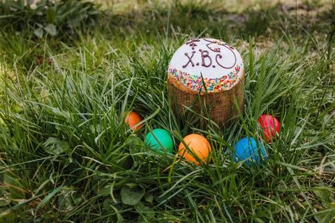 Painted and decorative Easter cake and eggs in the grass. Top view, copy space Stock Photos