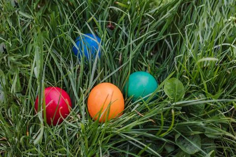 Painted and decorative Easter eggs in the grass. Top view, copy space Stock Photos