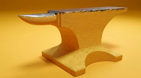Painted blacksmith anvil over yellow studio background. Concept of crafts イラスト素材