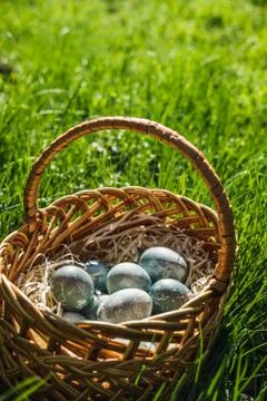 Painted blue textured easter eggs in wicker brown hand made basket. The concept Stock Photos