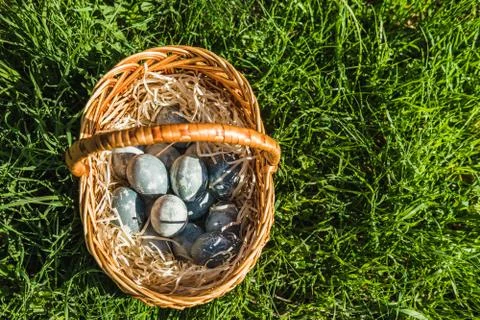Painted blue textured easter eggs in wicker brown hand made basket. The concept Stock Photos