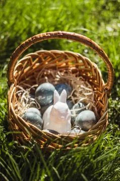 Painted blue textured easter eggs and a white plastic rabbit in a wicker brown Stock Photos