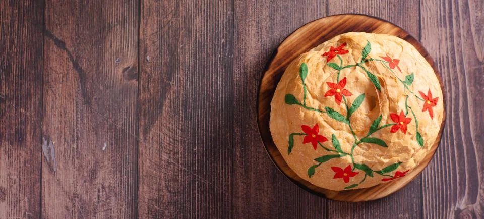 Painted bread combining hobby with creativity on the table top view web banne Stock Photos