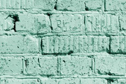 Painted brick wall close up. Abstract background green color toned Stock Photos