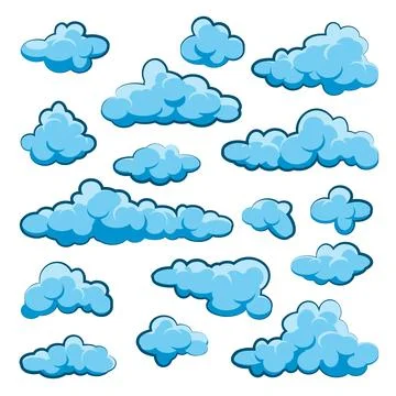 Painted cartoon clouds on blue background. Simple hand drawn round cloud, summer Stock Illustration