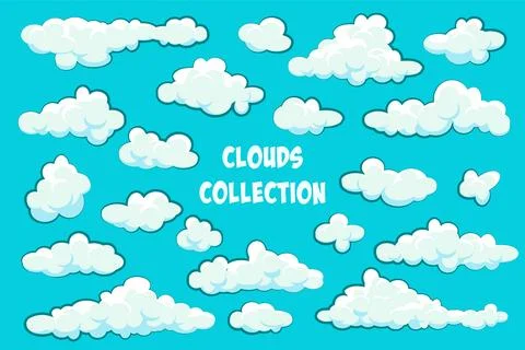 Painted cartoon clouds on blue background. Simple hand drawn round cloud, summer Stock Illustration
