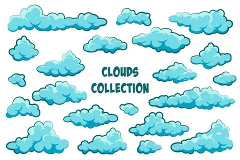 Painted cartoon clouds on blue background. Simple hand drawn round cloud, summer Stock Illustration