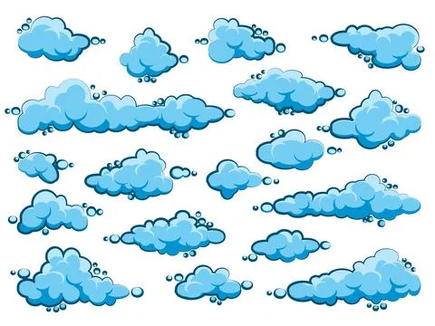 Painted cartoon clouds on blue background. Simple hand drawn round cloud, summer Stock Illustration