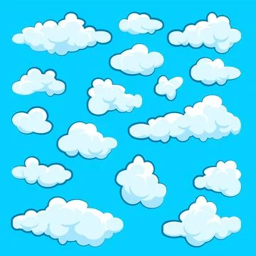 Painted cartoon clouds on blue background. Simple hand drawn round cloud, summer Stock Illustration