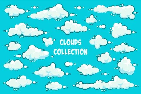 Painted cartoon clouds on blue background. Simple hand drawn round cloud, summer Stock Illustration