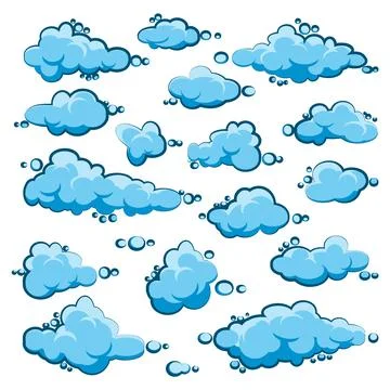 Painted cartoon clouds on blue background. Simple hand drawn round cloud, summer Stock Illustration