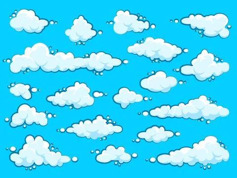 Painted cartoon clouds on blue background. Simple hand drawn round cloud, summer Stock Illustration
