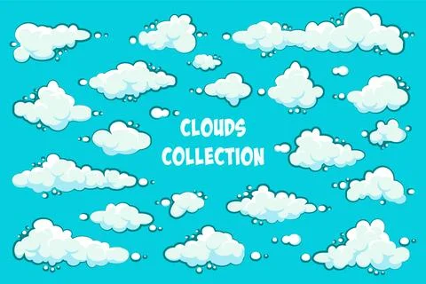 Painted cartoon clouds on blue background. Simple hand drawn round cloud, summer Stock Illustration
