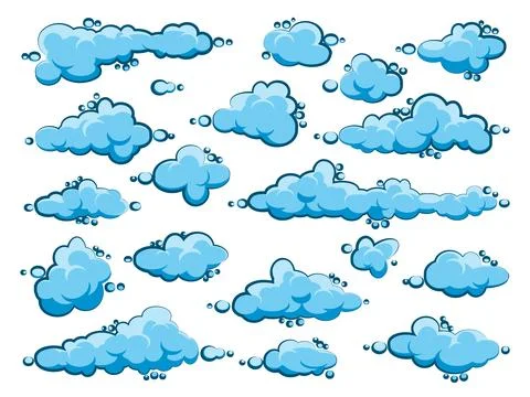 Painted cartoon clouds on blue background. Simple hand drawn round cloud, summer Stock Illustration