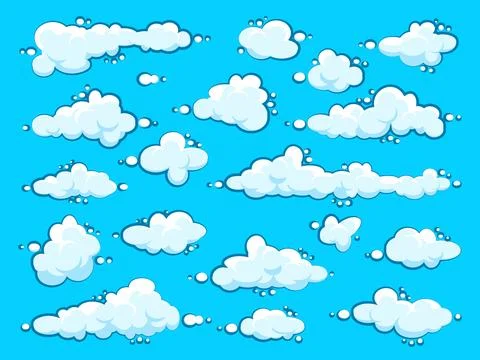 Painted cartoon clouds on blue background. Simple hand drawn round cloud, summer Stock Illustration