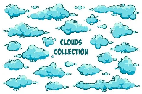 Painted cartoon clouds on blue background. Simple hand drawn round cloud, summer Stock Illustration