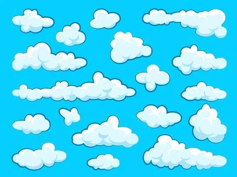 Painted cartoon clouds on blue background. Simple hand drawn round cloud, summer Stock Illustration