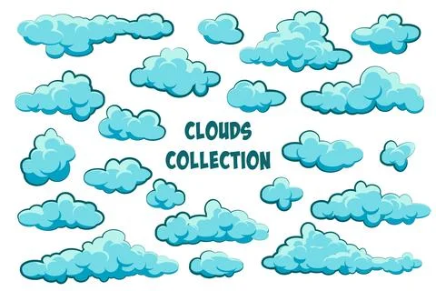 Painted cartoon clouds on blue background. Simple hand drawn round cloud, summer Stock Illustration