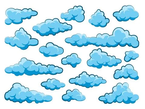 Painted cartoon clouds on blue background. Simple hand drawn round cloud, summer Stock Illustration