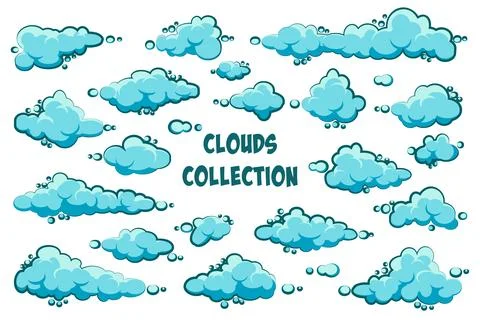Painted cartoon clouds on blue background. Simple hand drawn round cloud, summer Stock Illustration