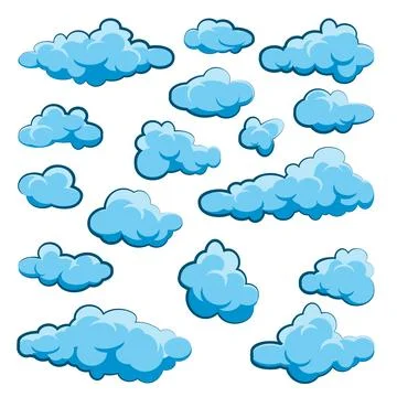Painted cartoon clouds on blue background. Simple hand drawn round cloud, summer Stock Illustration