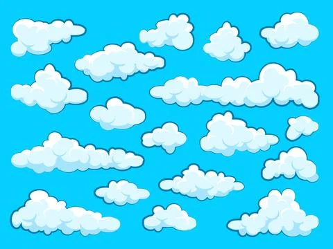 Painted cartoon clouds on blue background. Simple hand drawn round cloud, summer Stock Illustration