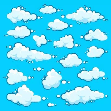 Painted cartoon clouds on blue background. Simple hand drawn round cloud, summer Stock Illustration