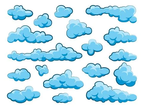 Painted cartoon clouds on blue background. Simple hand drawn round cloud, summer Stock Illustration