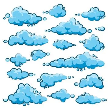 Painted cartoon clouds on blue background. Simple hand drawn round cloud, summer Stock Illustration