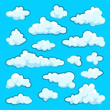 Painted cartoon clouds on blue background. Simple hand drawn round cloud, summer Stock Illustration