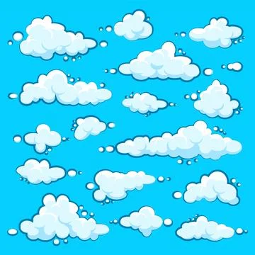 Painted cartoon clouds on blue background. Simple hand drawn round cloud, summer Stock Illustration
