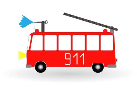 Painted Cartoon Fire Engine Red with Ladder and Water Jet. Vecto Stock Illustration