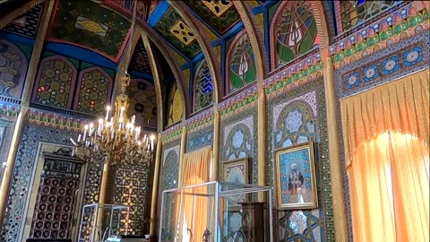 Painted ceiling and stained glass of Sitorai Mokhi-Khosa palace, Bukhara Stock Footage 336023694