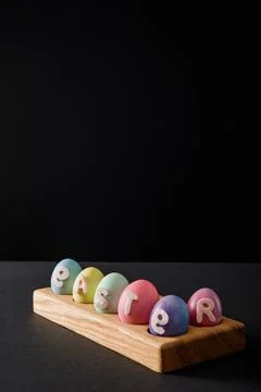Painted chicken eggs easter lettering Stock Photos