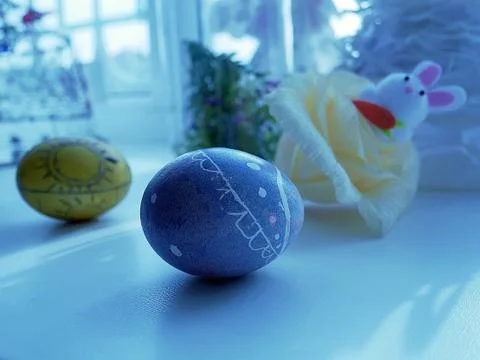 Painted chicken eggs, Easter toy bunnies, decor Stock Photos