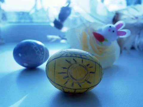 Painted chicken eggs, Easter toy bunnies, decor Stock Photos