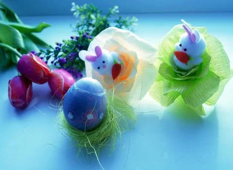 Painted chicken eggs, Easter toy bunnies, decor Stock Photos